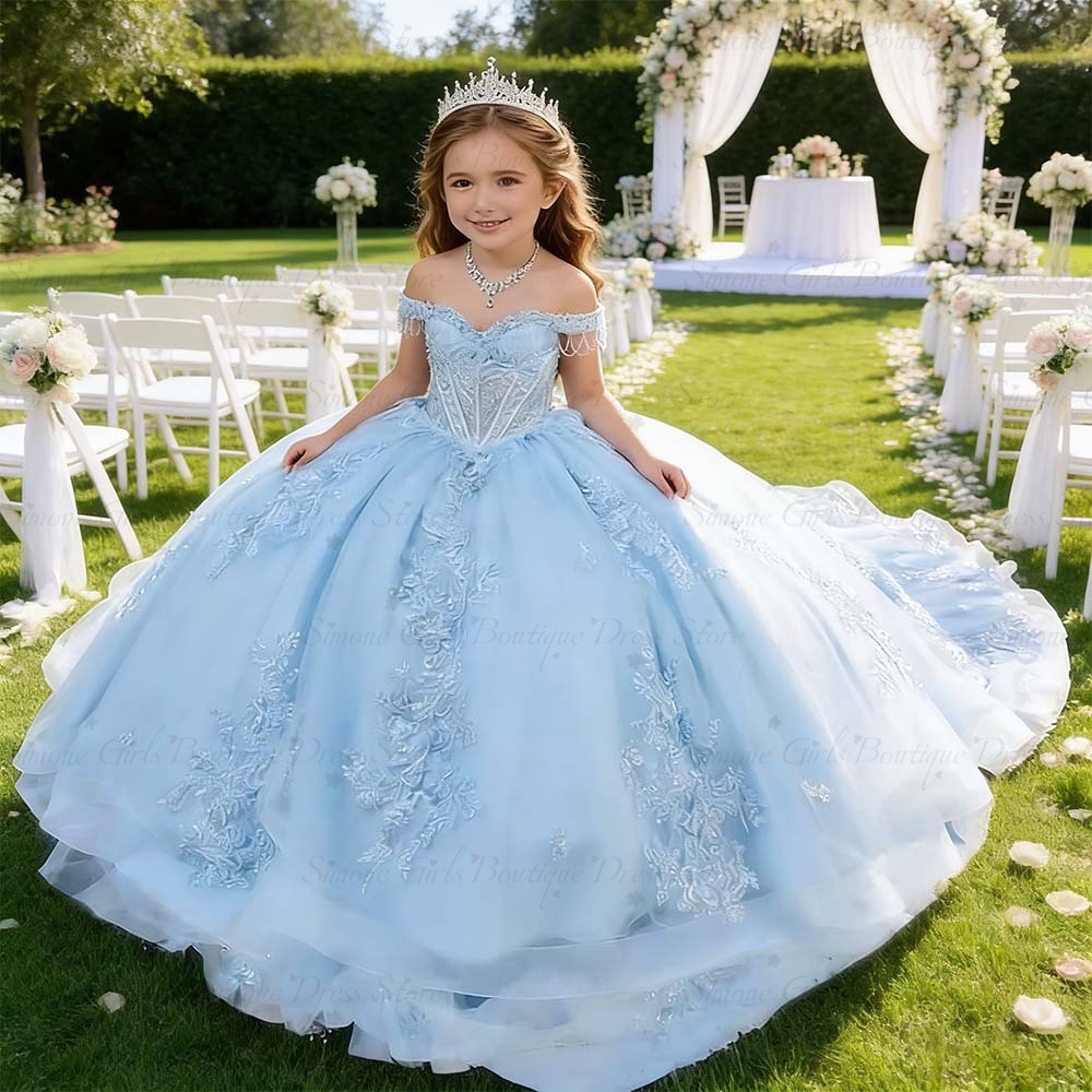Bridal Sash Ribbon - プリンセスページェントドレス トレーン付き スカイブルー 2026 誕生日ドレス キッズ