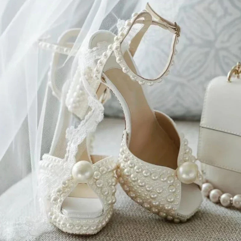Wedding Fx - 女性のためのビーズ厚いヒールの魚の口サンダル 35-41 ハイヒール防水プラットフォーム女性の靴の結婚式