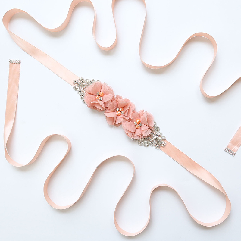 Bridal Sash Ribbon - パールラインストーンシフォン生地フラワーブライドベルト、ロングポリエステルリボン付き、女の子用ウェディングサッシュ、花柄ベルト、ドレスデコレーション