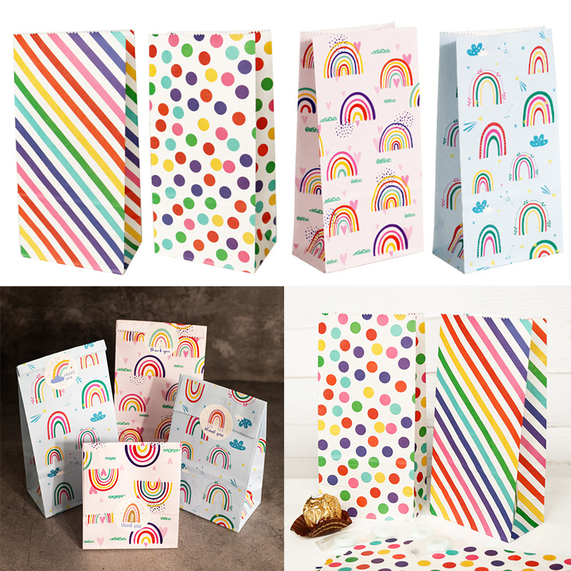 Wedding Favor Box - 小さな紙袋レインボープリントキャンディクッキーバッグピンクブルー子供の誕生日パーティーギフトバッグボックス DIY ベーキング包装用品